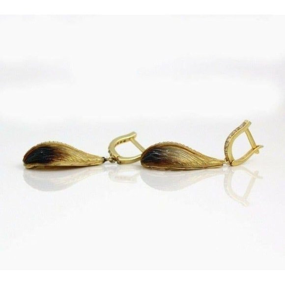 New Sterling Silver Yellow Gold Vermeil Art Nouveau Style Leaf Dangle Earrings - Picture 2 of 3